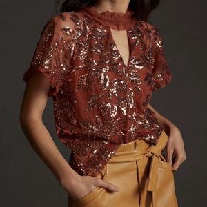 Anthropologie NWT orange cut out sequin top